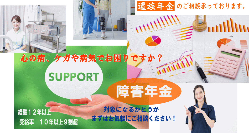 障害年金についての相談、請求代行。精神疾患、受給事例多数。障害年金専門の社労士へ。